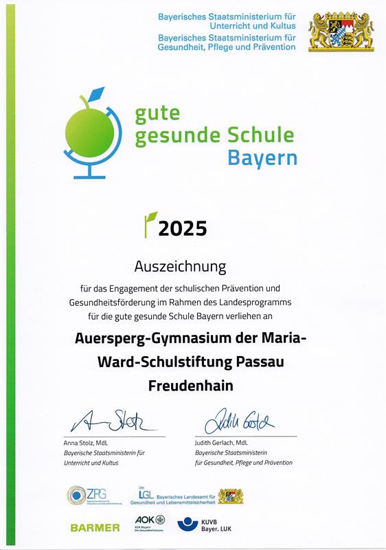 Auersperg-Gymnasium erhält das Siegel „Gute und Gesunde Schule Bayern“